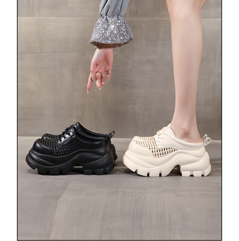 Giày sneaker nữ đế dày tăng chiều cao, mũi trùm hở thoáng khí, form chunky — màu đen, màu trắng ngà chi tiết 17