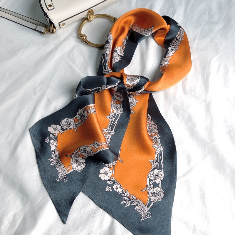 真丝窄长条细丝巾桑蚕丝领巾多功能条纹花边素绉缎面双层百搭飘带|ms