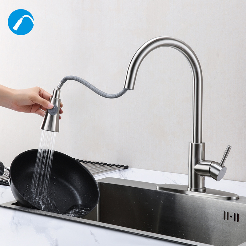 Pull-out Kitchen Faucet Double Outlet Hot and Cold Rotatable Sink Telescopic Splash-proof Pull-out Faucet Practical and Convenient