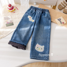 女童韩版加绒牛仔裤秋冬新款一体绒卡通刺绣直筒裤冬装加厚长裤潮