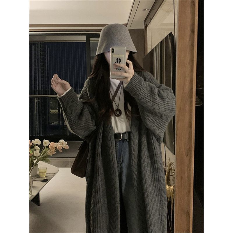 レトロな怠惰な風の麻の花の灰色の厚いセーターのコートの女性の秋冬のゆったりしている新型の中で長いニットのカーディガン|undefined