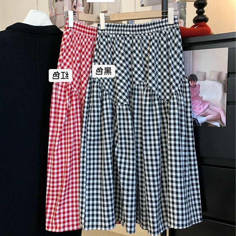 Japanese-Style Elastic High-Waisted Red and White Plaid Skirt, Spring and Autumn Irregular Patchwork Flared A-Line Skirt, Mid-Length Trendy Skirt Japanese-Style Elastic High-Waisted Red and White Plaid Skirt, Spring and Autumn Irregular Patchwork Flared A-Line Skirt, Mid-Length Trendy Skirt