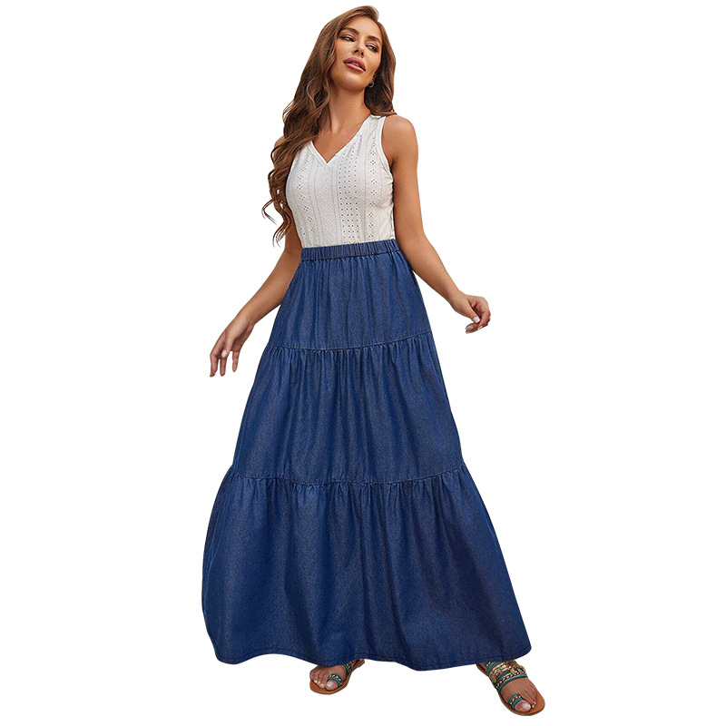 Jupe maxi en jean grande taille avec poches en coton stretch_voghion.com