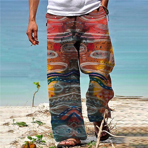 Men's Loose Straight Leg Long Pants with 3D Print, European and American Style, Vacation Beach Pants