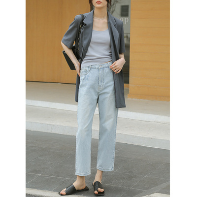 木兰2021春夏新款韩版宽松休闲九分裤女高腰直筒水洗牛仔裤 27083