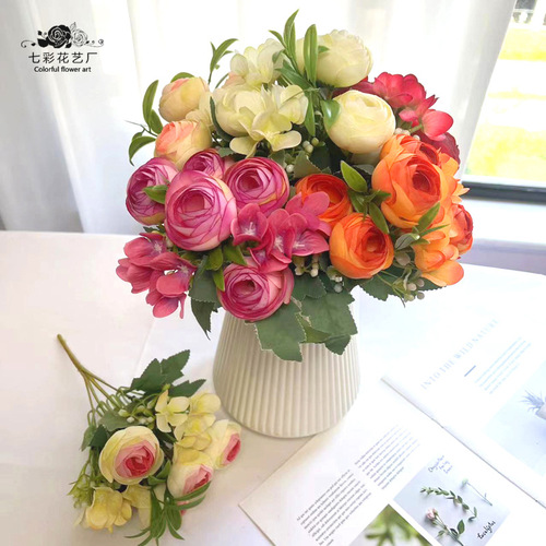 Rose buds, camellia buds, spring core-wrapped fake bouquets, wedding artificial flowers, home flowers, artificial silk flowers, rainbow rose buds
