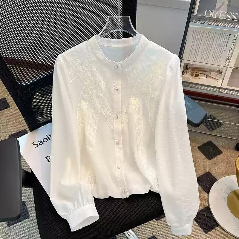 法式白衬衫女感春季新款超好看蕾丝花边长袖漂亮小衫上衣|undefined