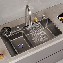 爾沫納米304槍灰大單槽飛雨廚房不銹鋼手工水槽洗菜盆洗手洗碗池