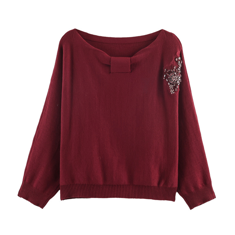 Cross-Border Women's Clothing Wholesale 2026 Spring New European and American Style Fresh Asymmetrical Round-Neck Knit Sweater with Rhinestones Cross-Border Women's Clothing Wholesale 2026 Spring New European and American Style Fresh Asymmetrical Round-Neck Knit Sweater with Rhinestones