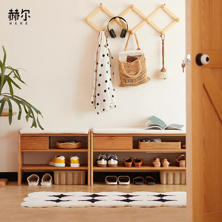 Nordic solid wood shoe bench for home, entryway, Japanese style, seat cushion, cherry shoe cabinet integrated bench