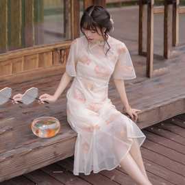 游设计重工金鱼刺绣中长款轻薄透纱鱼尾旗袍连衣裙