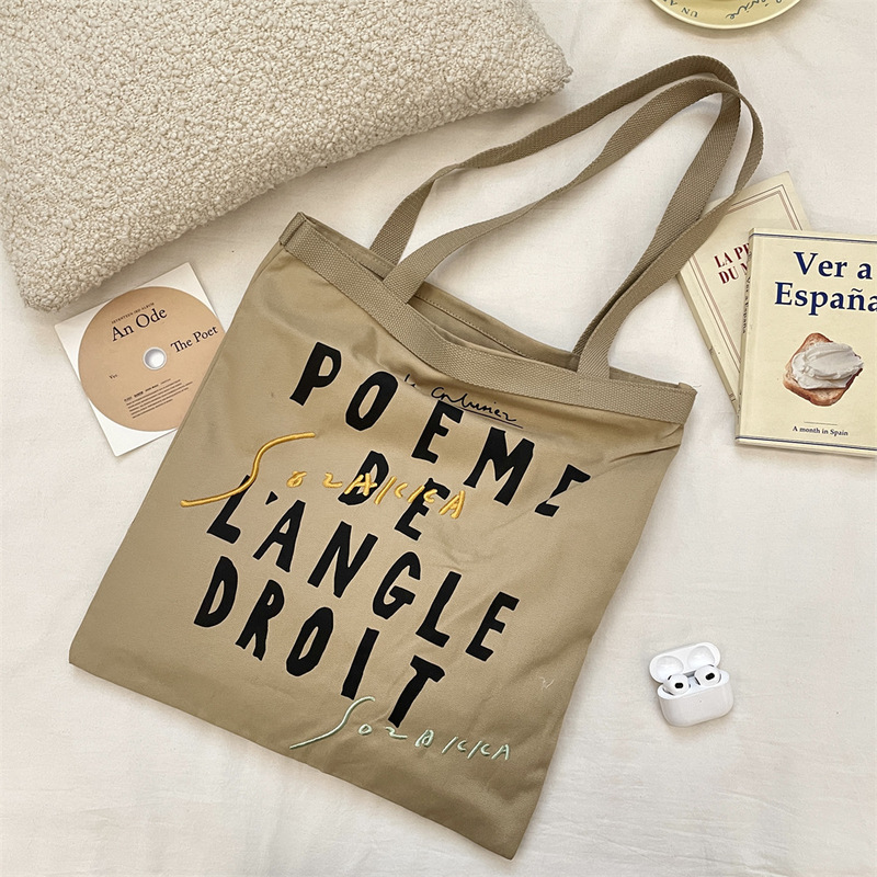 2162 Korean Ins Large-Capacity Single-Shoulder French Poetry Letter Print Canvas Bag Tote Shopping Bag