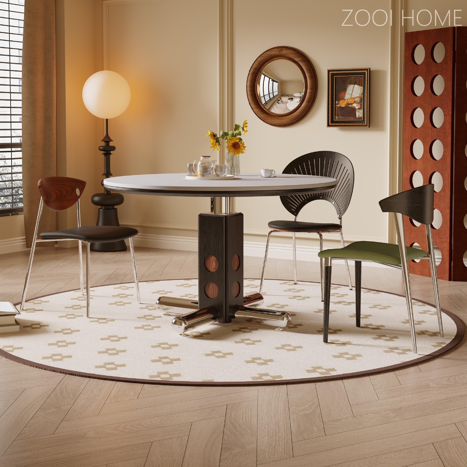 Bauhaus mesas redondas medievales, sala de estar doméstica pequeña, acero inoxidable, madera de cera polca, mesa de comedor redonda de tablero de roca