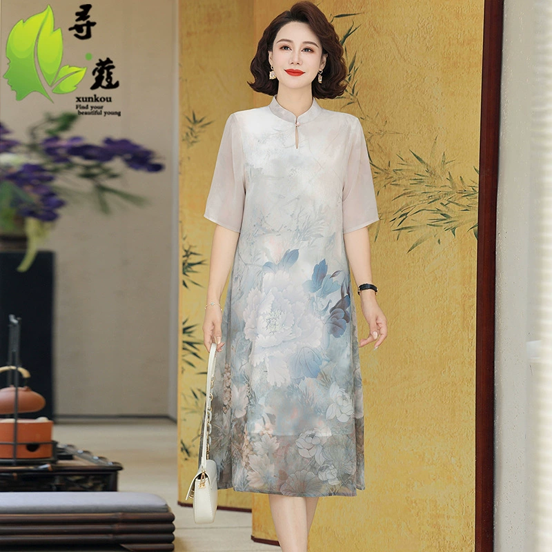 Новое платье для мамы среднего возраста модное темперамент элегантное среднее и старое женское платье большого размера свободный шифоновое платье для детей