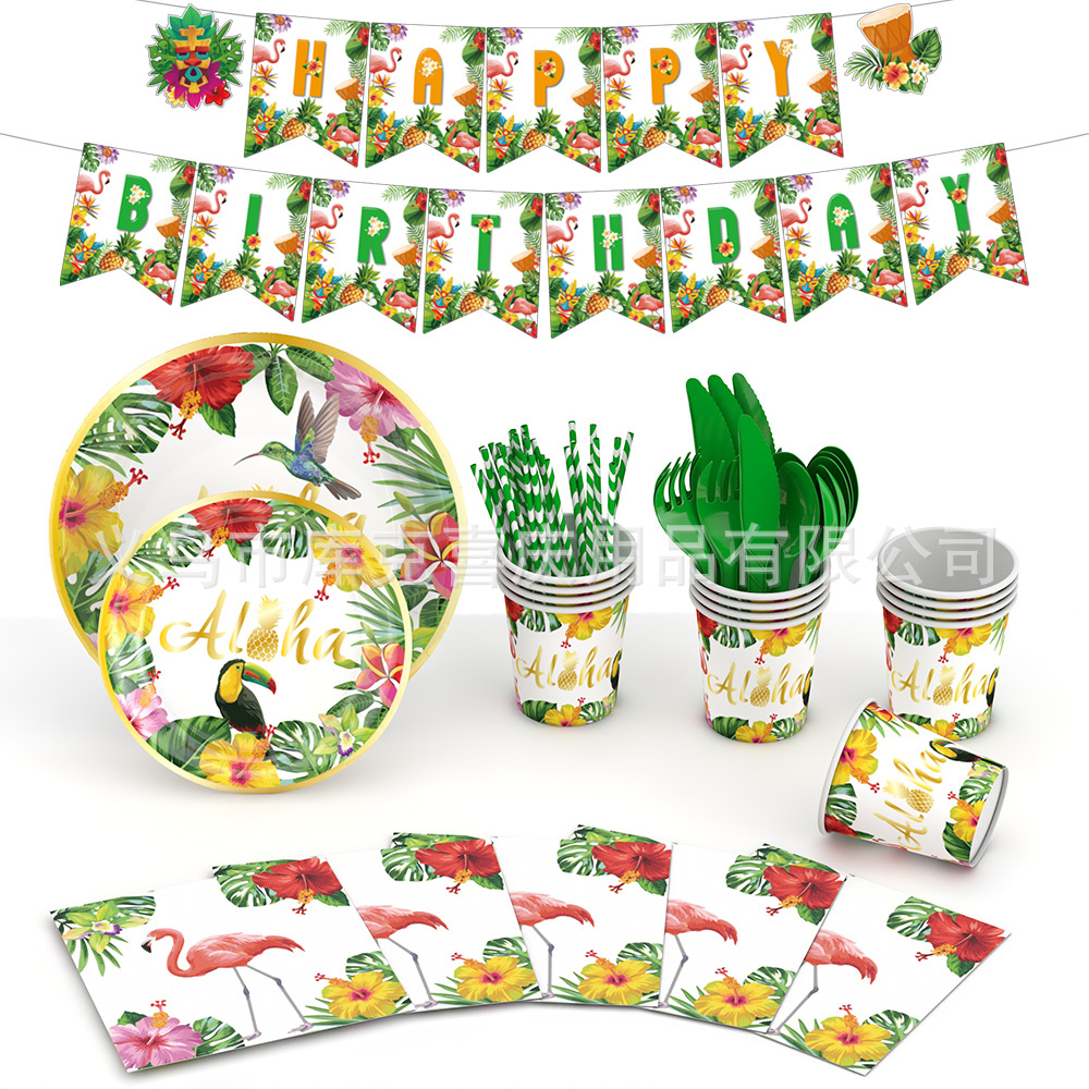 Amazon nuevo Hawaiano tema decoración del partido verano plato de papel desechable taza vajilla tire bandera traje