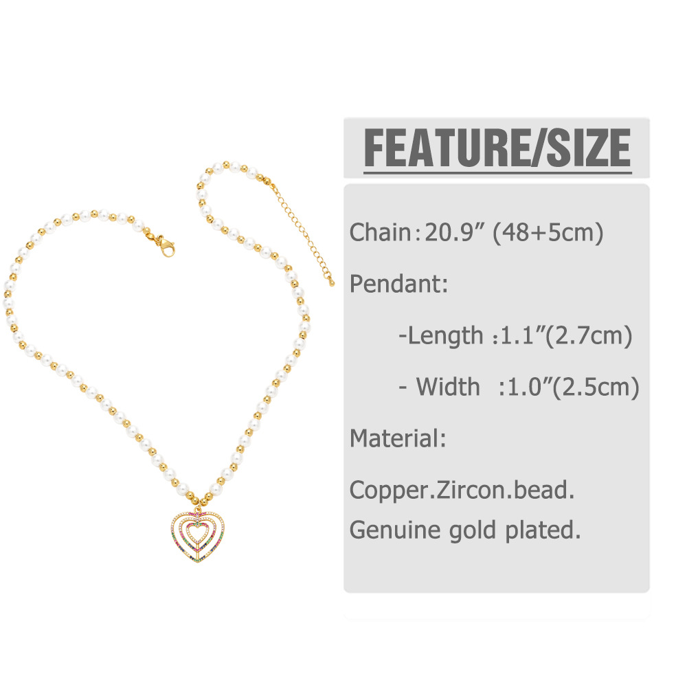 Fashion Heart Shape Copper Pearl Plating Inlay Zircon Pendant Necklace 1 Piece