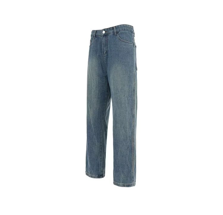 Unisex Vintage Workwear Jeans – Distressed Denim With Utility Pockets (S-XXXL, Classic Blue Wash)_mkmklike.com