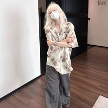 美式树纹肌理花瓣休闲宽松古巴西装领短袖衬衫男女bf中性情侣衬农