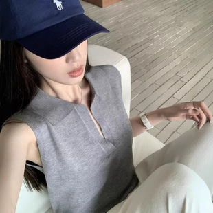 Mercerized Wool Old Money Vest Women's Polo Collar Sleeveless Top Casual Gray Short Sleeves