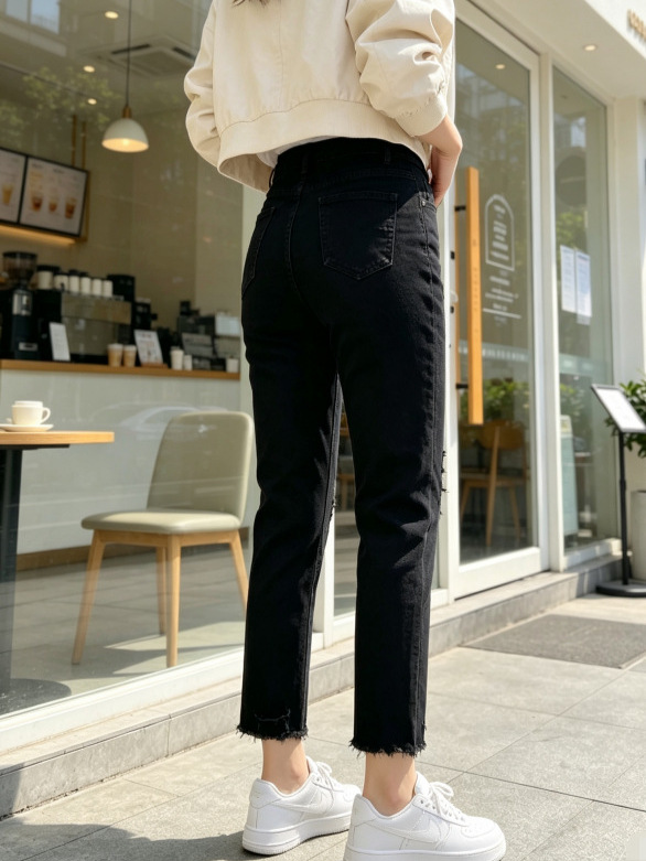 Jeans Tobilleros Rasgados para Mujer de Mezclilla de Algodón, Alta Elasticidad, Cintura Alta