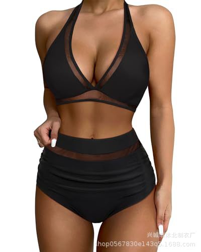 Set de Bikini de Talle Alto con Malla Set de 2 Piezas de Nylon Alta Elasticidad con Almohadilla sin Aros para Natación