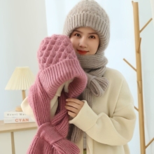 秋冬季保暖加绒加厚女士帽子围巾一体松鼠绒风雪帽毛线编织网红帽