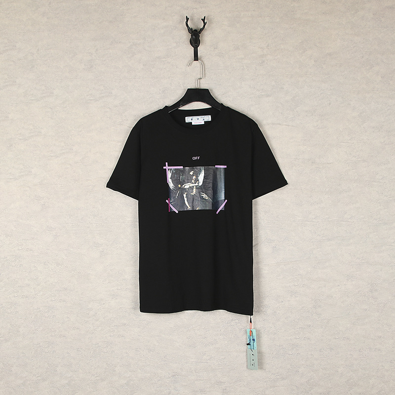 [Código europeo] versión correcta de impresión de acuarela splash tinta gradiente flecha graffiti ow marca de moda de manga corta pareja camiseta