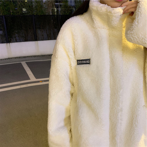 日系慵懒风羊羔毛外套女秋冬2023新款设计感小众宽松显瘦白色卫衣