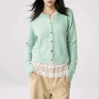 TENPSEN秋季幻彩纱绿色针织开衫复古韩系慵懒卷边毛衣外套上衣女