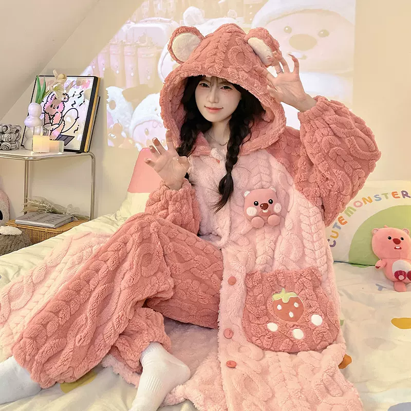 加工定制珊瑚绒睡袍女秋冬季加绒加厚睡衣2025年新款卡通家居服套