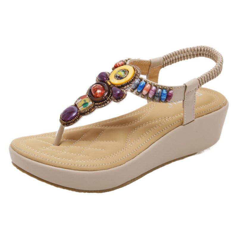 Sandalias de estilo étnico para mujer, verano 2025, estilo bohemio retro, con cuentas, tacón de cuña, talla grande, venta al por mayor
