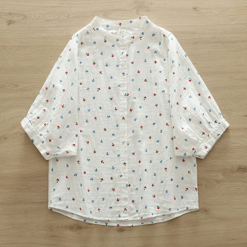 81920 Western Style Mushroom Printed Cotton Yarn Dolman Sleeve Shirt Women's 2024 Summer New Loose Slim-fit Top