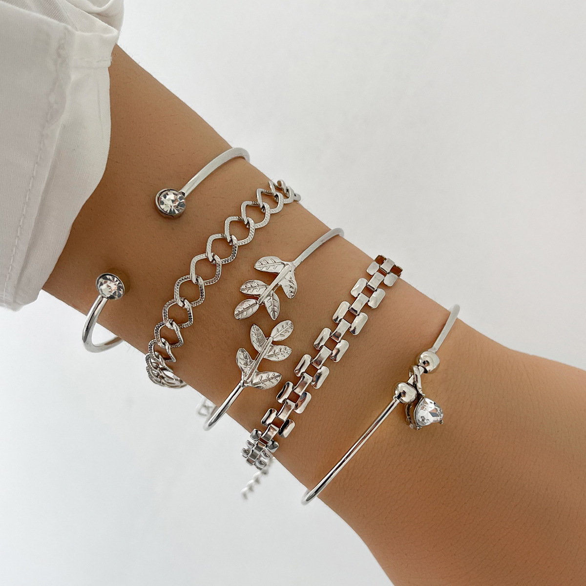 European and American new geometric leaf point diamond beaded rhinestone open bracelet set