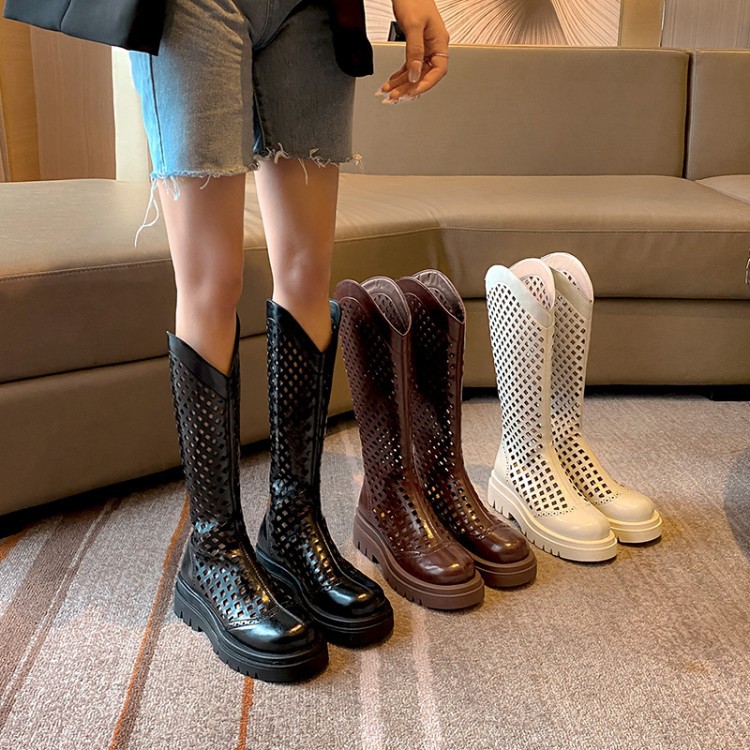 Boot nữ da bò đế dày cổ cao ống lưới — Màu nâu ống lớn, Màu đen cổ ống lớn, Ống nhỏ màu đen, Chu vi ống lớn màu trắng Be chi tiết 1
