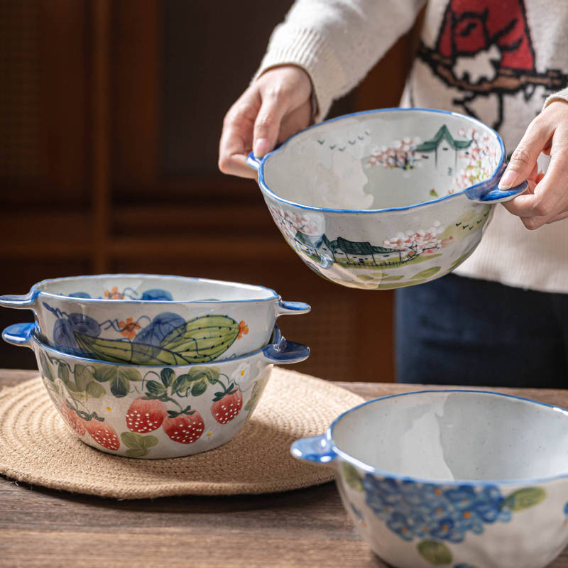 Jingdezhen Ceramic Hand-Painted Bowl, Old-Style Clay, Antique-Style Rice Bowl, Salad Bowl, Underglaze Color, 9inch Hand-Shaped Double-Handle Soup Bowl Jingdezhen Ceramic Hand-Painted Bowl, Old-Style Clay, Antique-Style Rice Bowl, Salad Bowl, Underglaze Color, 9inch Hand-Shaped Double-Handle Soup Bowl