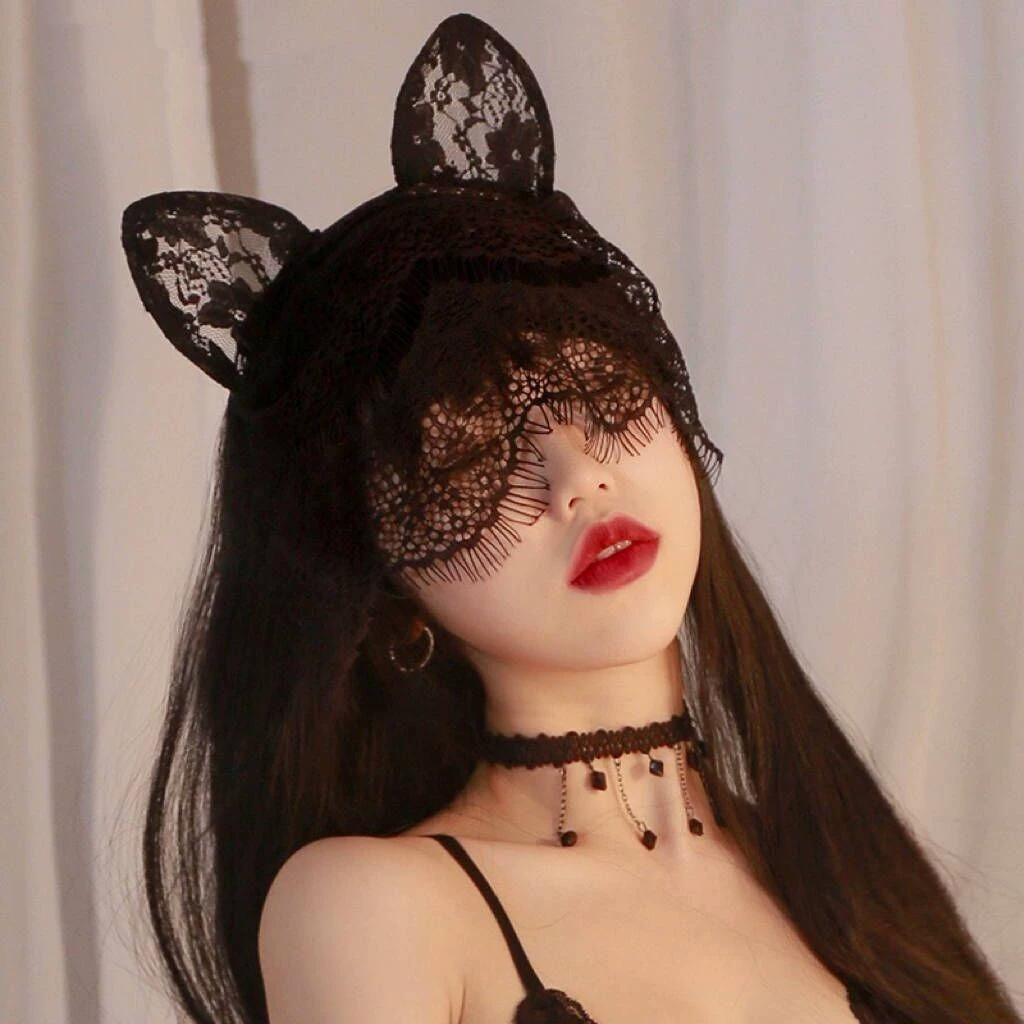 Lace Eye Mask Set, Headband & Wrist Cuffs, Black/White, Bow Accent, Multiple Styles