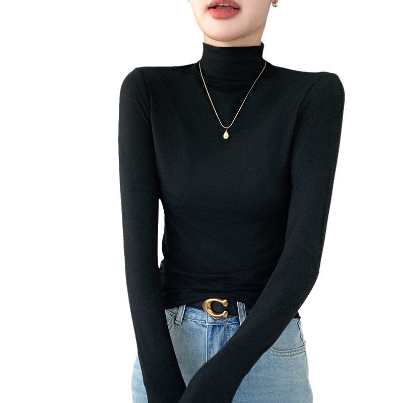 Camiseta legging de cuello medio alto para mujeres 2024 otoño y invierno nuevo ajustado interior con camiseta de manga larga delgada y delgada chaqueta de aire extranjero image 5