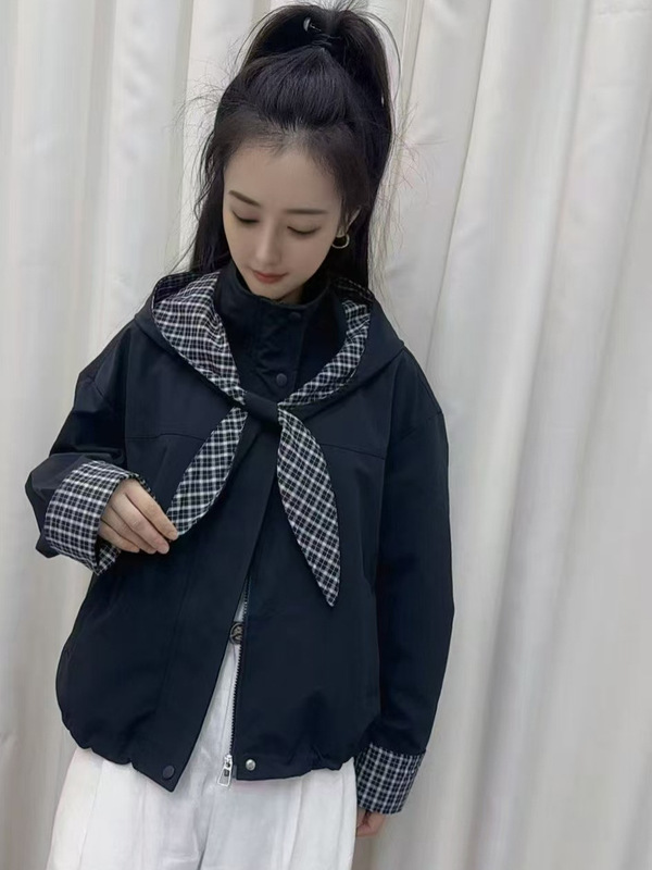 韩系时尚假两件外套女2025秋季简约撞色格纹时尚百搭休闲夹克上衣|undefined