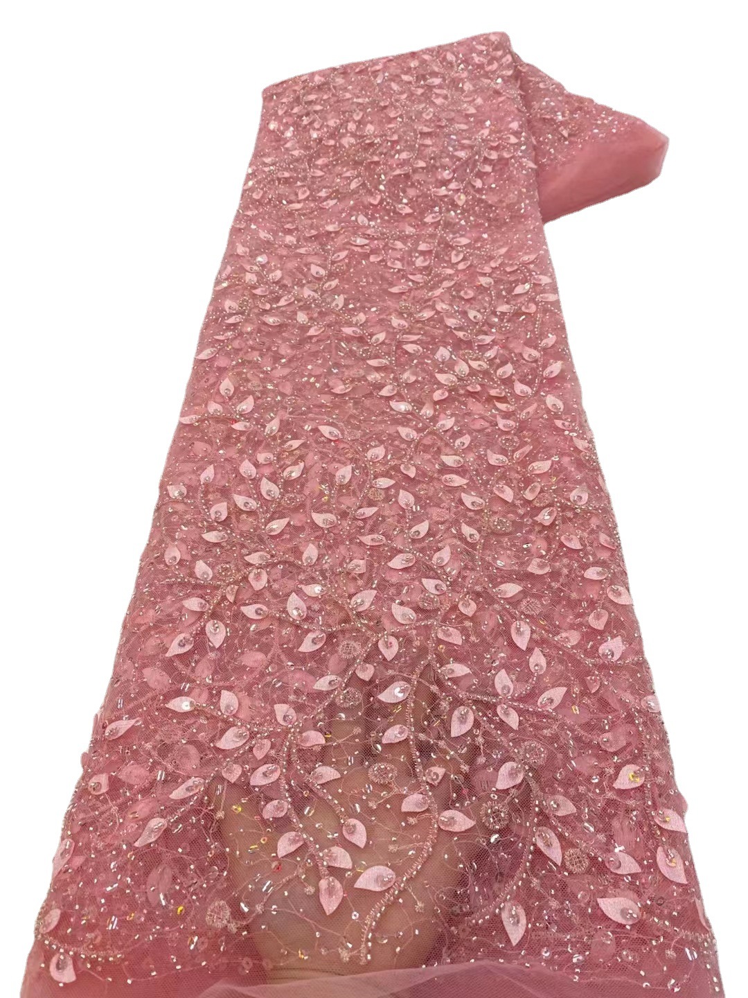 Encaje nuevo encaje de malla de lentejuelas bordado tela 3D hojas tridimensional flor tul moda vestido de novia tela JX3450