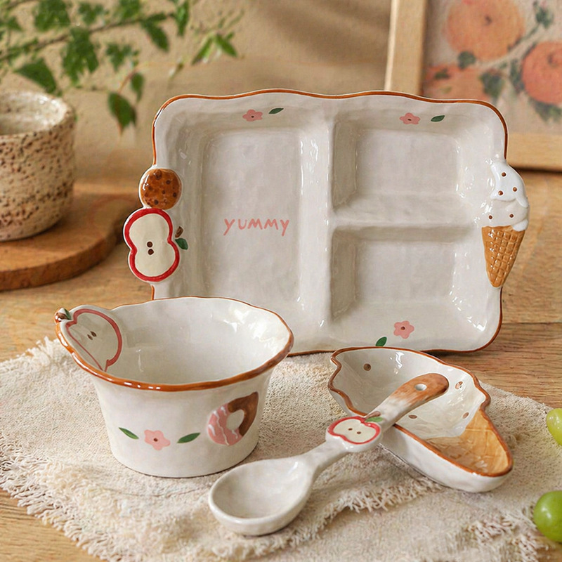 HaiPai Sweetheart High-Value Tableware Cute Embossed Ceramic Divided Plate Ice Cream Dessert Bowl Breakfast Plate for One Person