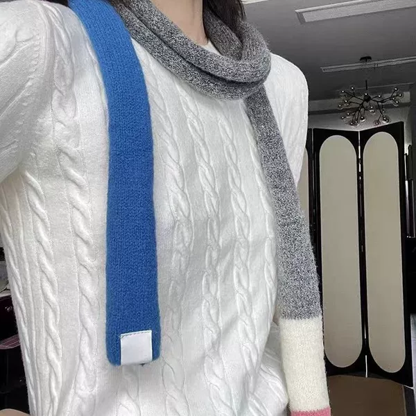Korean Fashion Slim Strip Knitted Color-Blocked Woolen Small Scarf for Women with Atmospheric Colorfulful Stripesd Splicing Decorative Scarf