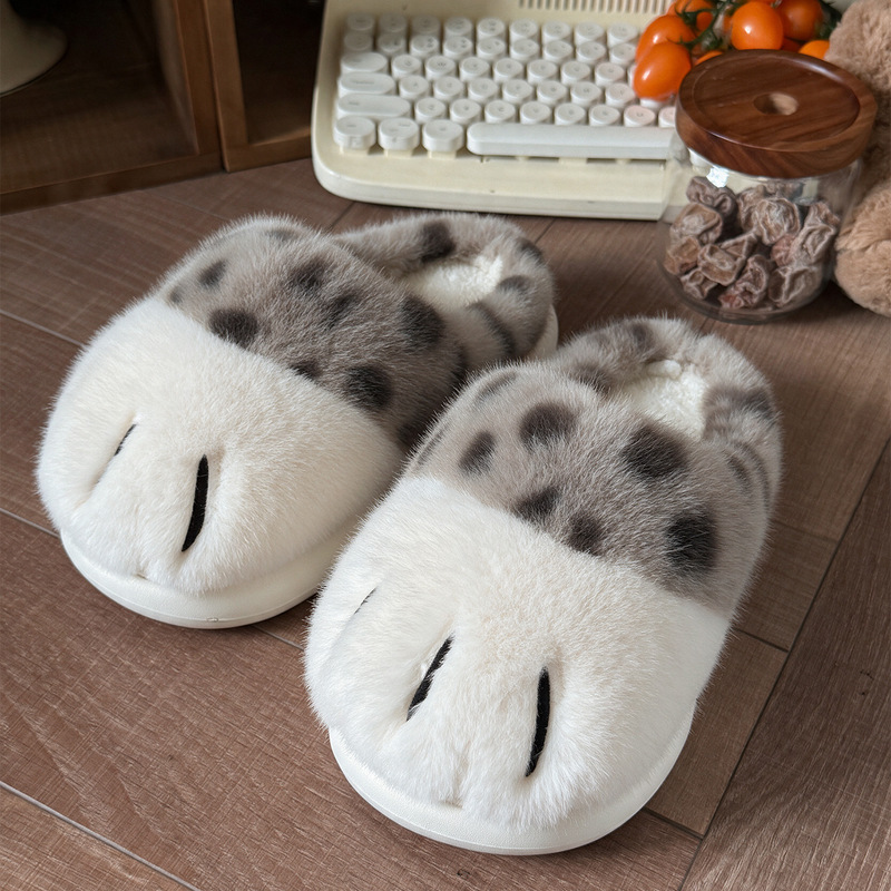 Cat paw leopard print cotton slippers for women, 2026 autumn and winter new model, indoor non-slip, plush lined, warm, comfortable home cotton shoes