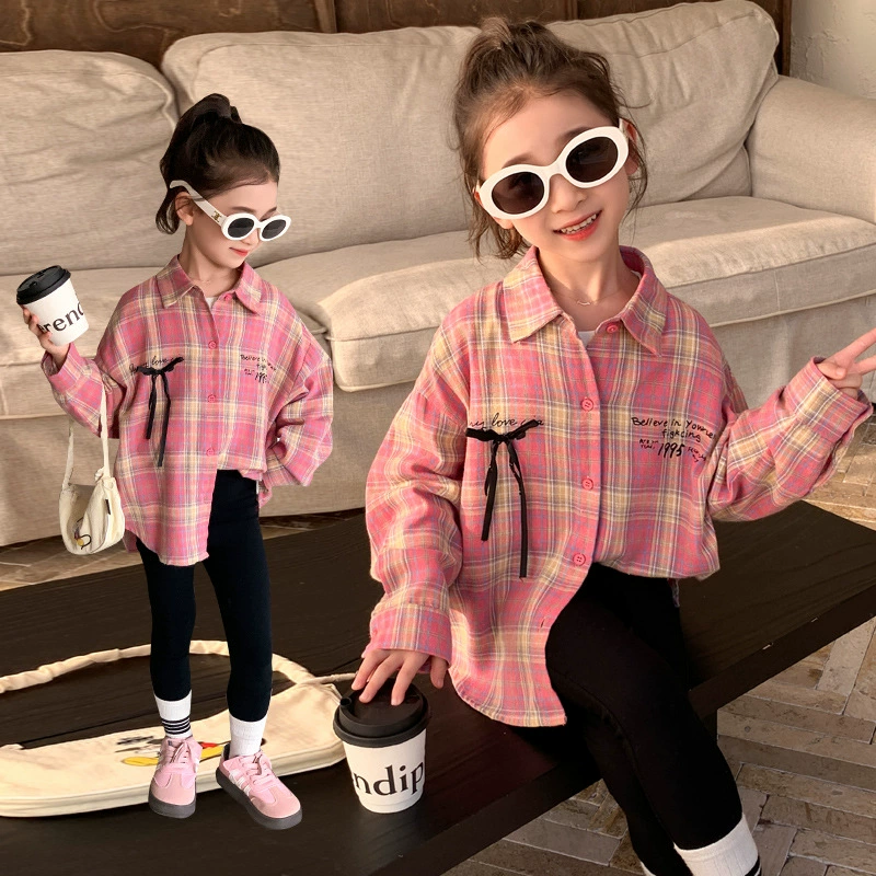 Куртка-рубашка в клетку для девочек, весенне-осенний стиль, детская корейская мода, рубашка для маленьких девочек, топ с бантом для девочек