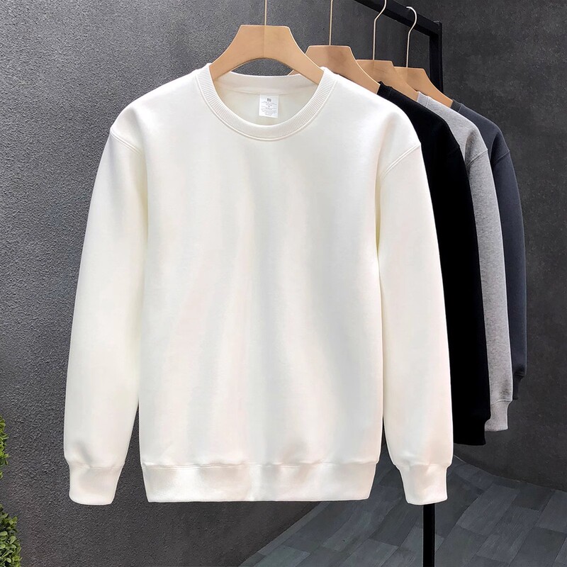 Simple Solid Color Inner fleece-lined Sweat Men's Winter Round Neck White Top 2024 New Explosions Spring and Autumn Long Sleeve