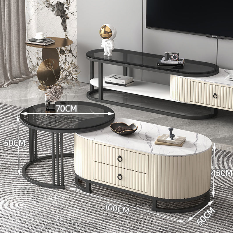 Mesa de centro de pizarra, mueble de TV, lujo ligero, sensación moderna de alta gama, sala de estar para el hogar, combinación de mesa de centro telescópica ovalada, mesa lateral