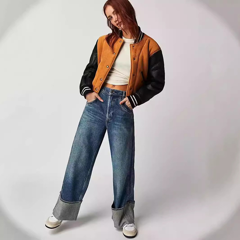 European and American Style New Vintage Washed Mid-waist Slimming Roll-up Loose All-match Straight Jeans for Women