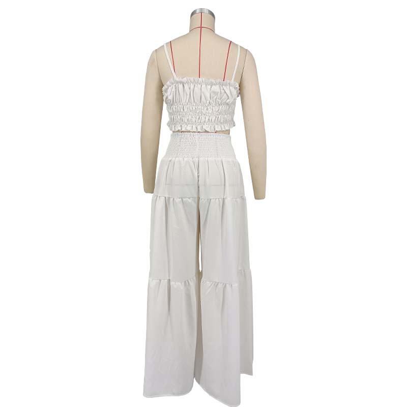 Women's Clothing Fashion Solid Color Suspender Top Plus Loose Wide Leg Pants Two Piece Set_voghion.com