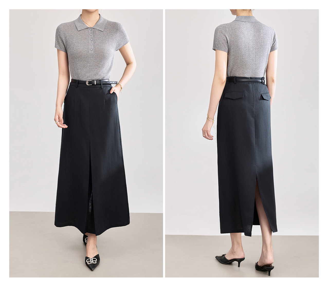 Chân váy xếp ly nữ cạp trung thấp, chất liệu tencel linen phối sọc răng cưa, xẻ tà — Xanh lông mòng đen chi tiết 20