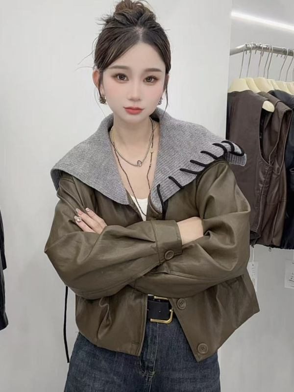 韩系设计感海军领皮衣外套女2025早秋新款宽松显瘦百搭小个子上衣|undefined