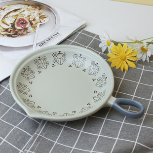 Japanese-Style Minimalist Breakfast Plate Steak Plate Ceramic Flat-Bottomed Casserole Suitable for Open Flame Gas with Handle Frying Pan Egg Pan Wholesale